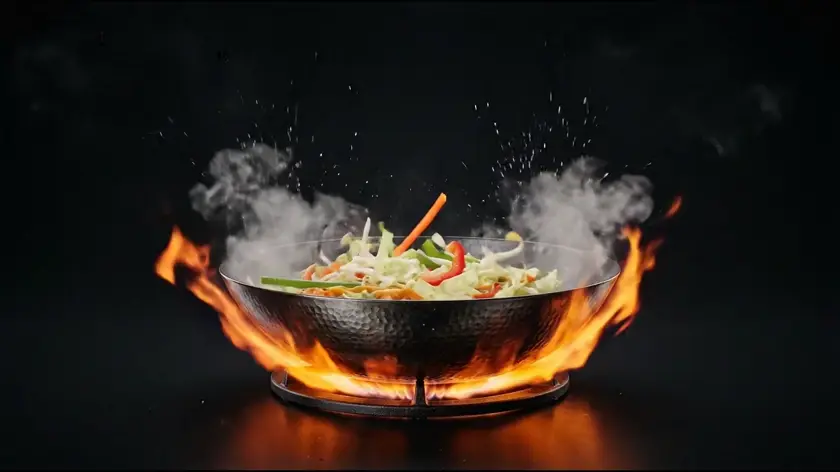 Wok mit Gemüse und Nudeln steht in Flammen auf dem Herd