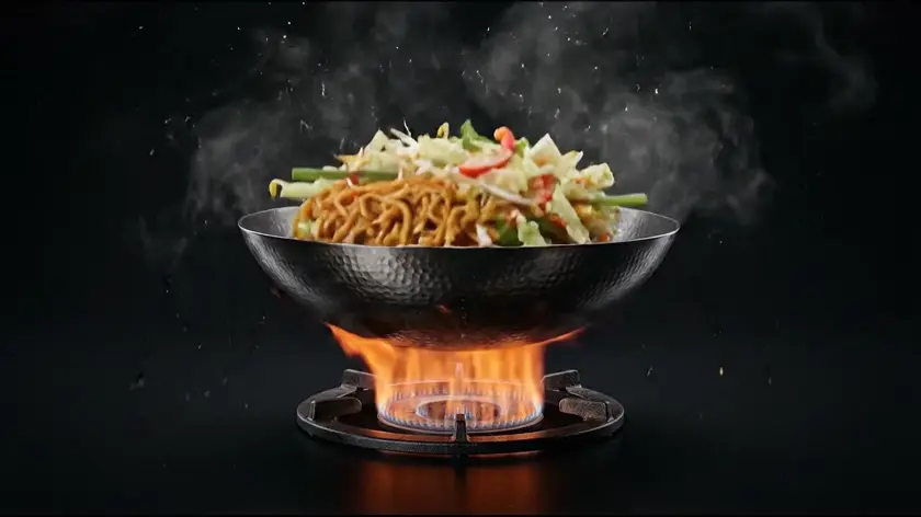 Wok-Nudeln mit frischem Gemüse werden direkt aus dem Wok geworfen
