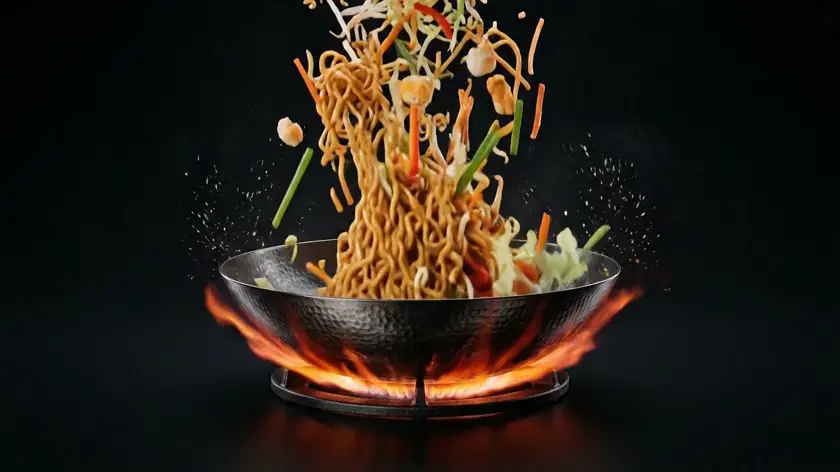 Wok-Nudeln mit Gemüse fliegen in dramatischer Bewegung aus dem flammenden Wok